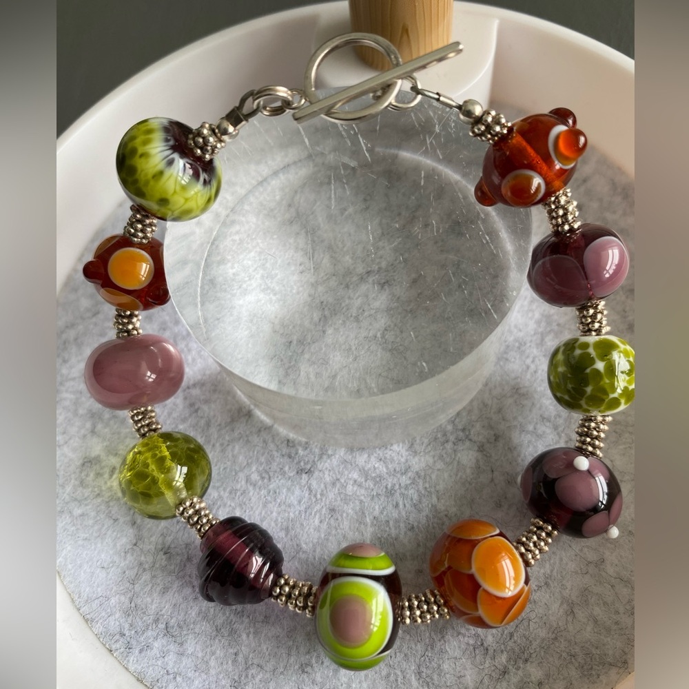Sterling Silver and Lamp Work hand painted glass bead Bracelet